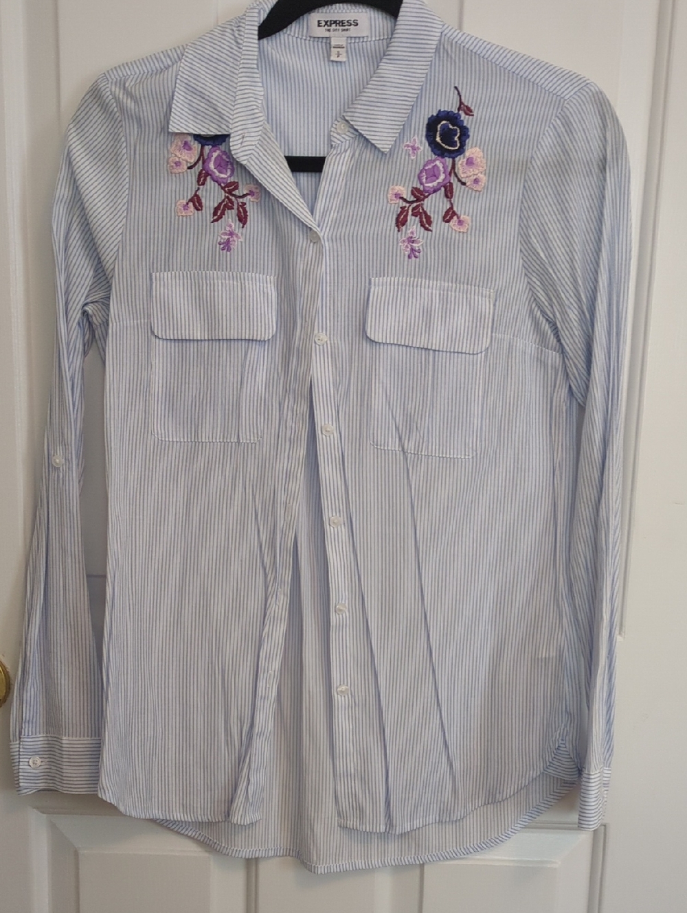 Express Blue Pinstripe Shirt with Purple Floral Embroidery